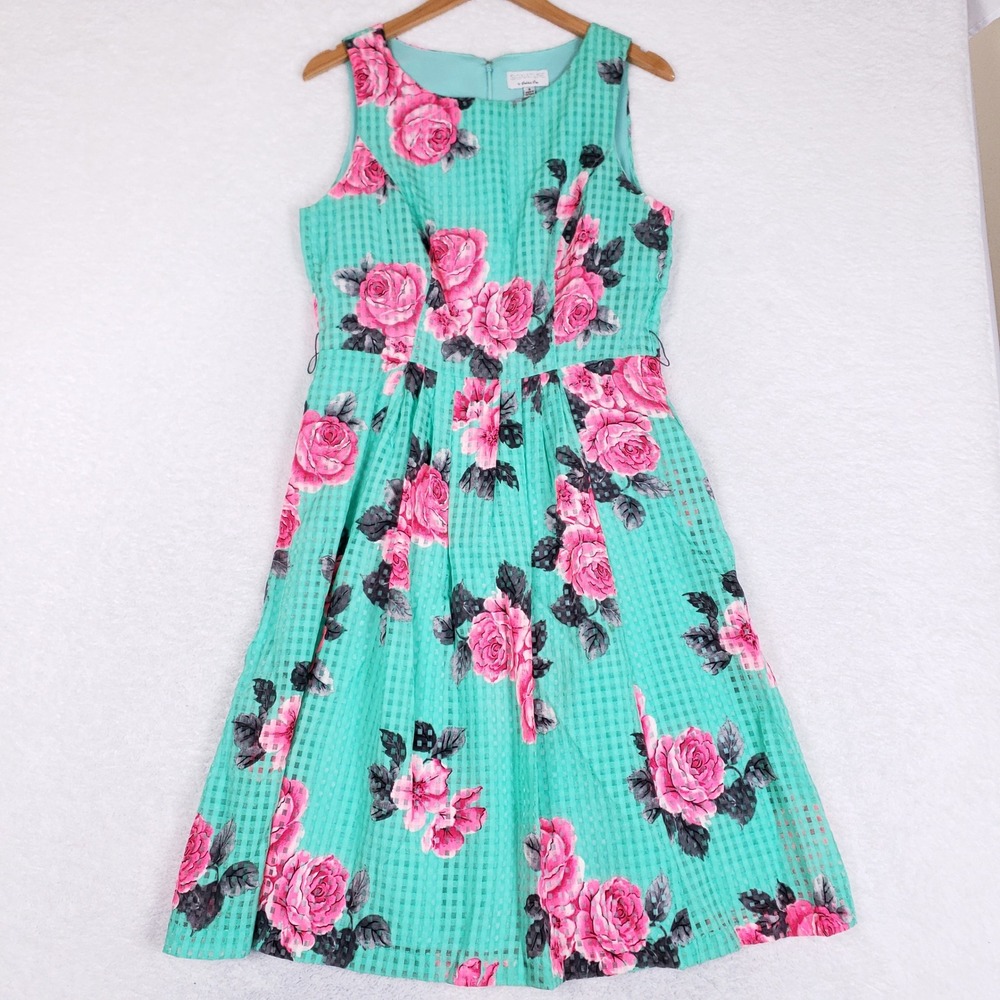 Signature By Robbie Bee Dress Womens 8 Pink Rose Floral Aqua Grid Fit Flare Midi
